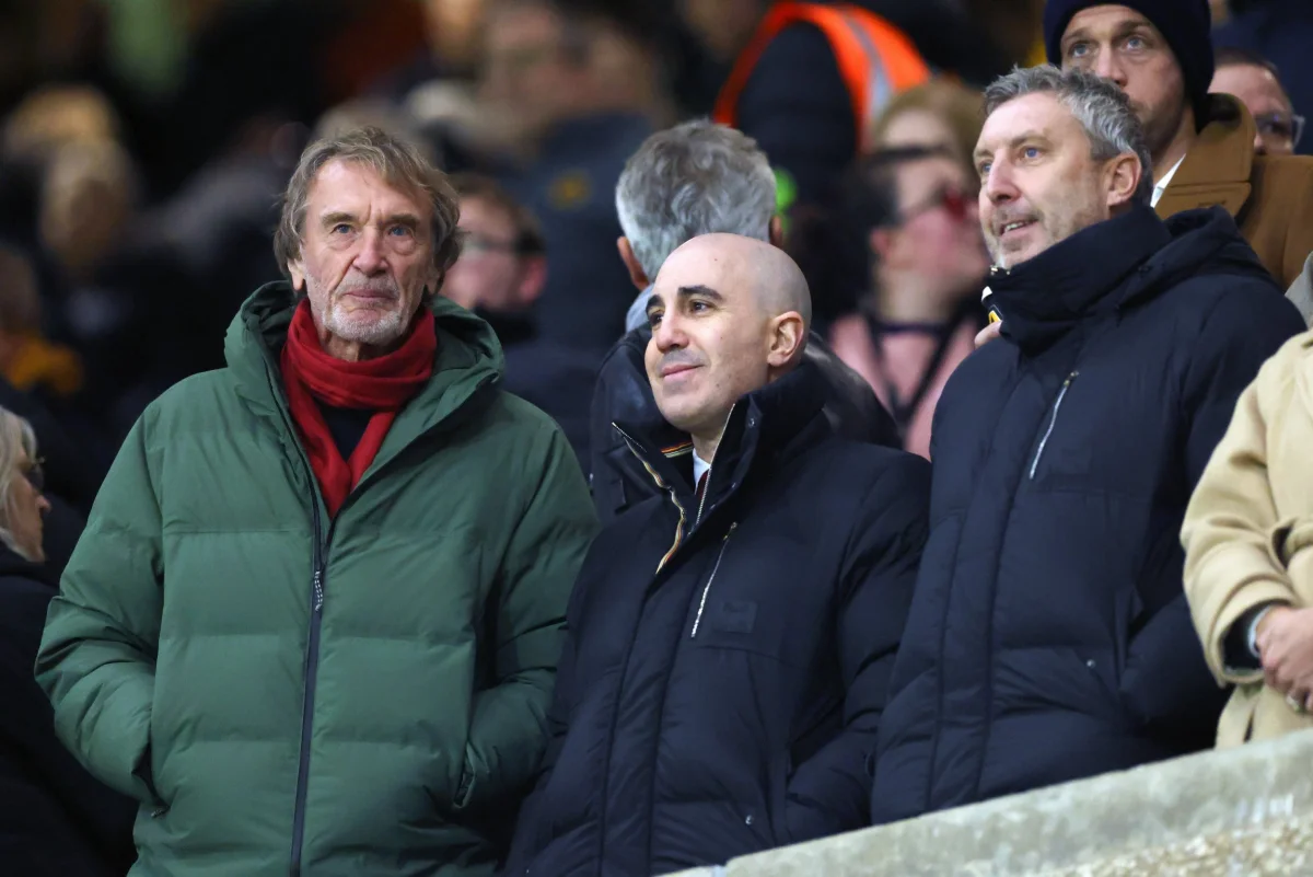 WOLVERHAMPTON, ENGLAND - DECEMBER 08: Sir Jim Ratcliffe, co-owner of Manchester United with Director of Football Jason Wilcox and Omar Berrada, Chief Executive Officer during the Premier League match between Wolverhampton Wanderers and Manchester United at Molineux on December 08, 2025 in Wolverhampton, England. (Photo by Catherine Ivill - AMA/Getty Images)