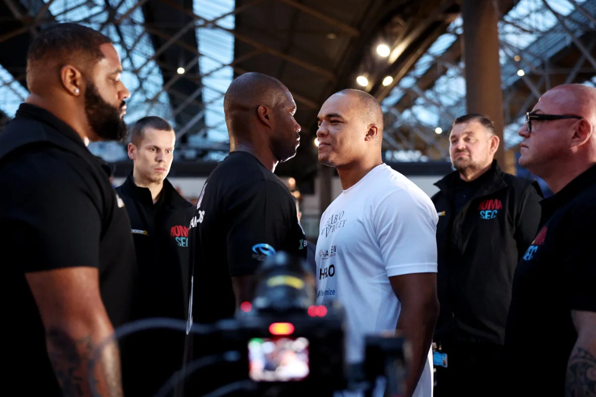 LONDON, ENGLAND - OCTOBER 14: Daniel Dubois and Fabio Wardley face off ahead of their WBO World Heavyweight Title fight during the Daniel Dubois v Fabio Wardley 2: Run It Back open workouts at Old Spitalfields Market on October 14, 2026 in London, England. (Photo by James Fearn/Getty Images)