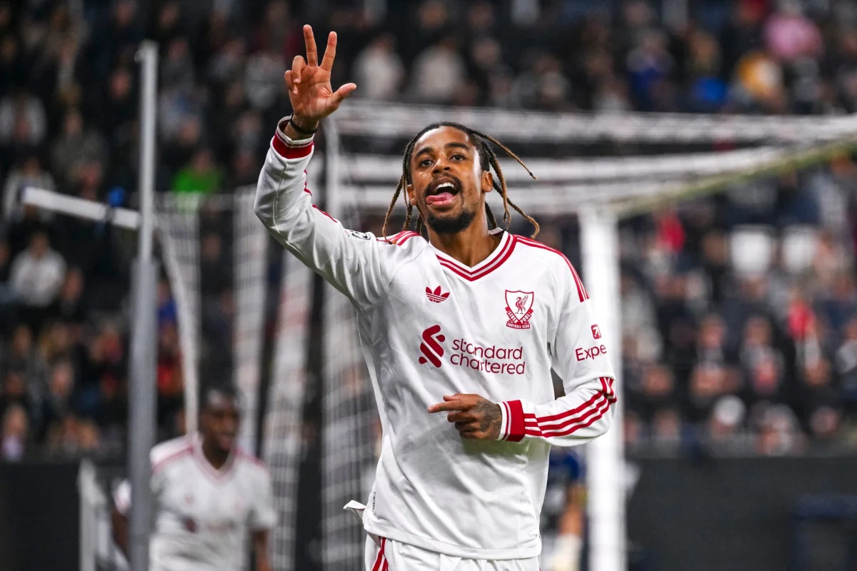 LINZ, AUSTRIA - OCTOBER 14: Bradley Barcola of Liverpool celebrates after scoring their team's fifth goal and their third for a hattrick during the UEFA Champions League 2026/27 League Phase MD2 match between LASK and Liverpool FC at Ober??sterreich Arena on October 14, 2026 in Linz, Austria. (Photo by Liverpool FC/Liverpool FC via Getty Images)
