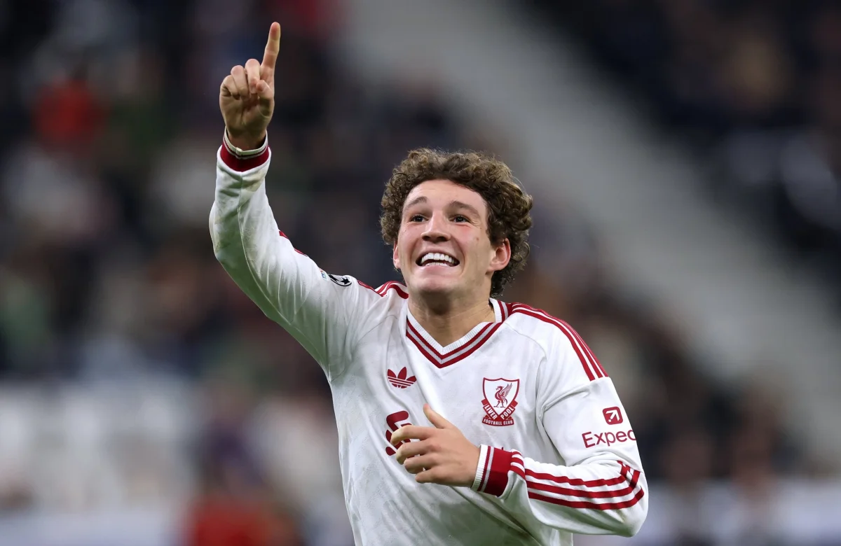 *** BESTPIX *** LINZ, AUSTRIA - OCTOBER 14: Lewis Koumas of Liverpool celebrates scoring his team???s sixth goal during the UEFA Champions League 2026/27 League Phase MD2 match between LASK and Liverpool FC at Ober??sterreich Arena on October 14, 2026 in Linz, Austria. (Photo by Alexander Hassenstein/Getty Images)