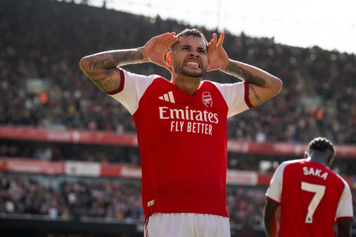 LONDON, ENGLAND - OCTOBER 10: Bruno Guimaraes of Arsenal FC celebrates after scoring goal during the Premier League 2026/27 match between Arsenal FC and Leeds United at Emirates Stadium on October 10, 2026 in London, England. (Photo by Sebastian Frej/MB Media/Getty Images)