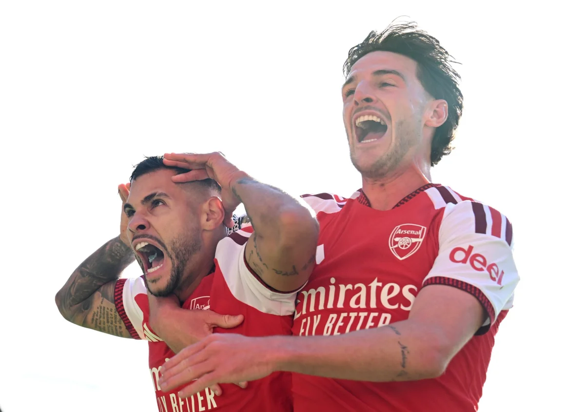 LONDON, ENGLAND - OCTOBER 10: Bruno Guimaraes of Arsenal celebrates scoring his team's second goal with teammate Declan Rice during the Premier League 2026/27 match between Arsenal FC and Leeds United at Emirates Stadium on October 10, 2026 in London, England. (Photo by David Price/Arsenal FC via Getty Images) *** BESTPIX ***